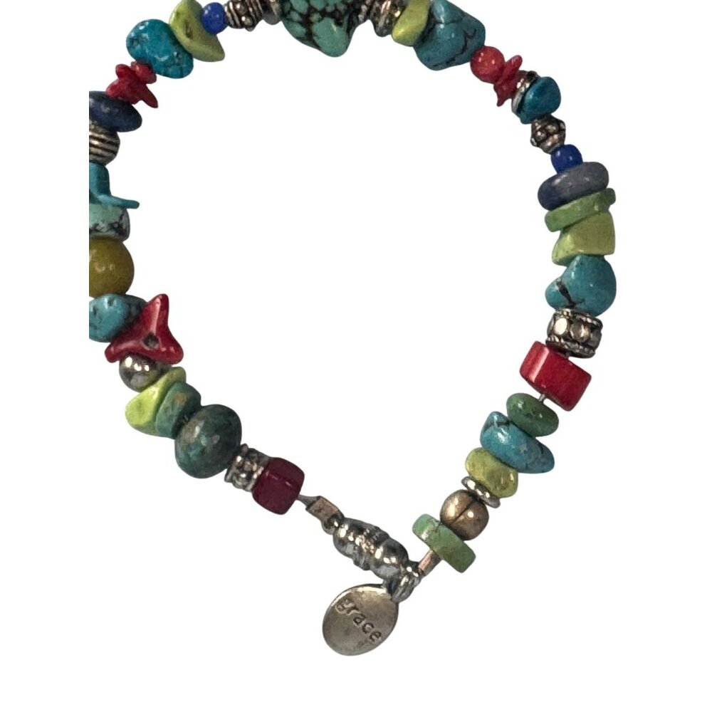 Bohemian Bracelet Mixed Colorful Stones Turquoise Grace Charm Silver Accents 8" - Picture 6 of 7